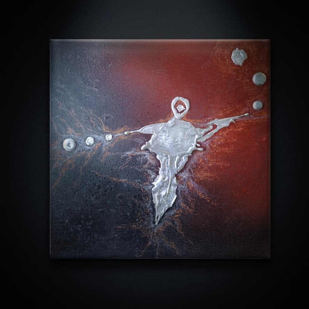 „Aufstieg“ – abstraktes Werk von Piotr Breczewski, Serie Oxblood, Silberrelief · Mischtechnik auf Leinwand